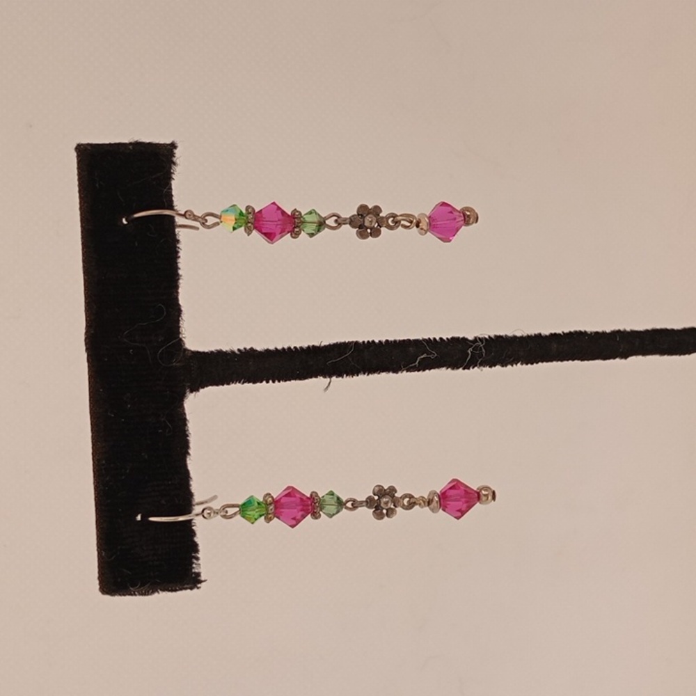 Hand Crafted Pink and Green Beaded Earrings Sterling Silver Casual Colorful Fun